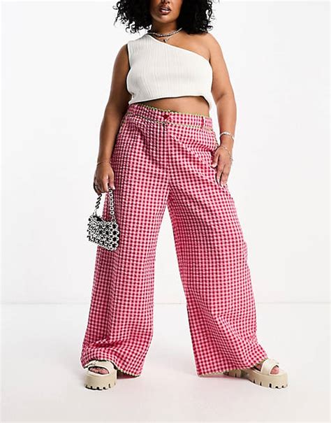 Neon Rose Plus Rik Rak Detail Wide Leg Gingham Trousers In Pink Asos