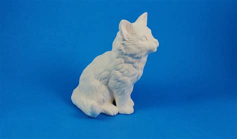 Ready To Ship Ceramic Ready To Paint Long Haired Crouching Cat Statue