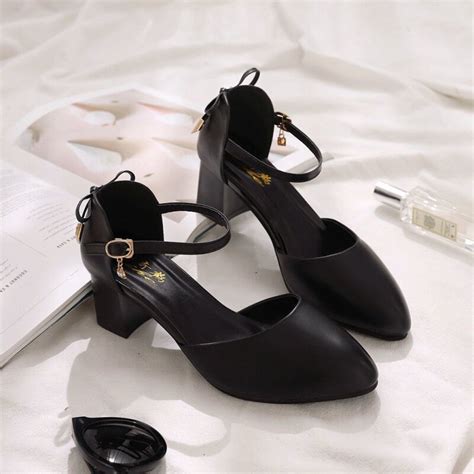 Women S Mid Casual Heel Pointed Thick Wild Fashion Heels Kasut Tumit