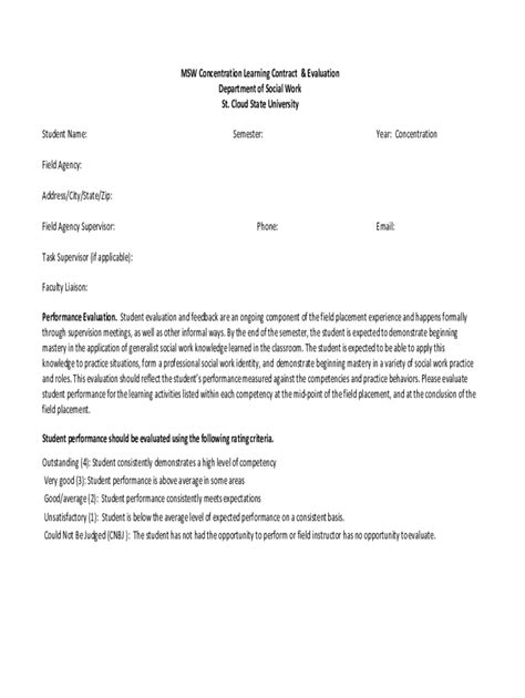 Fillable Online Msw Advanced Learning Agreement Guide Westfield State