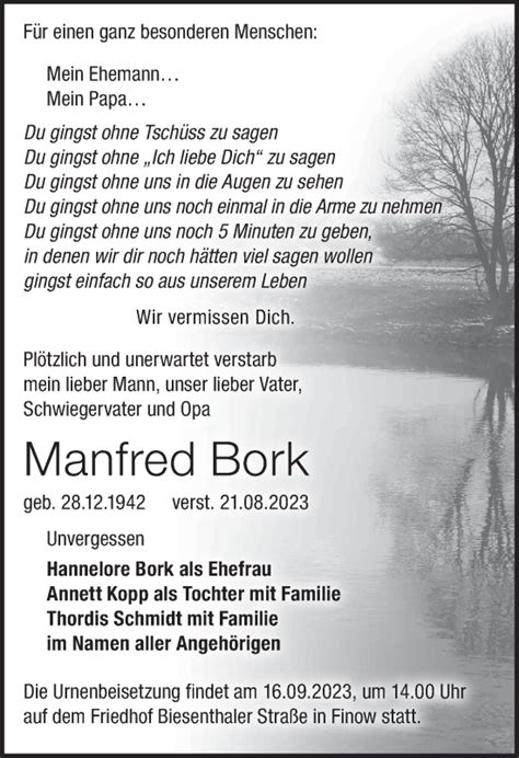 Traueranzeigen von Manfred Bork Märkische Onlinezeitung Trauerportal