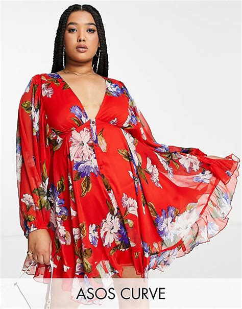 Asos Design Curve Button Detail Mini Dress With Blouson Sleeve In Red Floral Asos