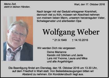 Traueranzeigen von Wolfgang Weber Schwarzwälder Bote Trauer