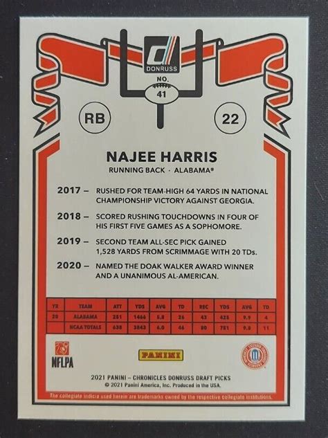 NAJEE HARRIS 2021 Chronicles Donruss Draft Picks Rookie RC STEELERS 41