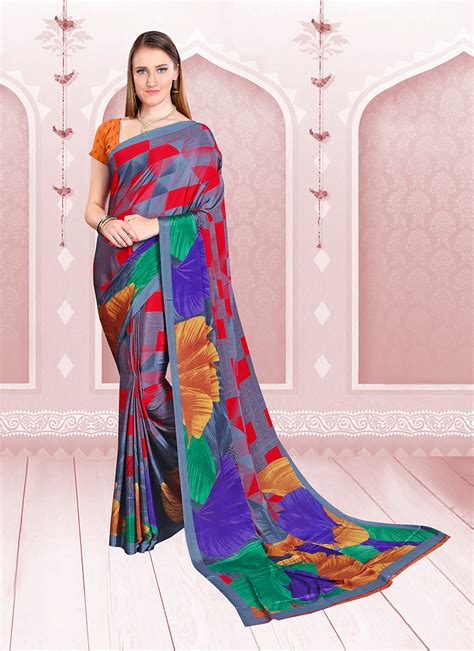 Buy Faux Crepe Abstract Print Printed Saree In Multi Colour Online