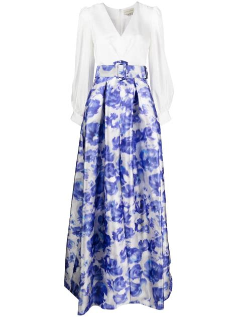 Sachin Babi Zoe Belted Floral Print Gown Farfetch