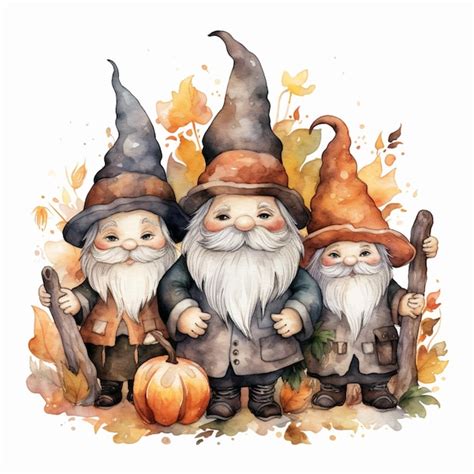 Premium AI Image There Are Three Gnomes With Hats And A Pumpkin On