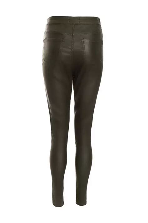 Khaki Faux Leather Zip Skinny Trousers Quiz Clothing