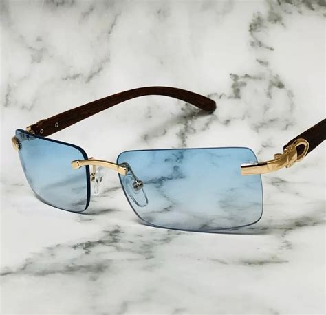 Men Rimless Buffs Sunglasses Blue Darkwood Etsy