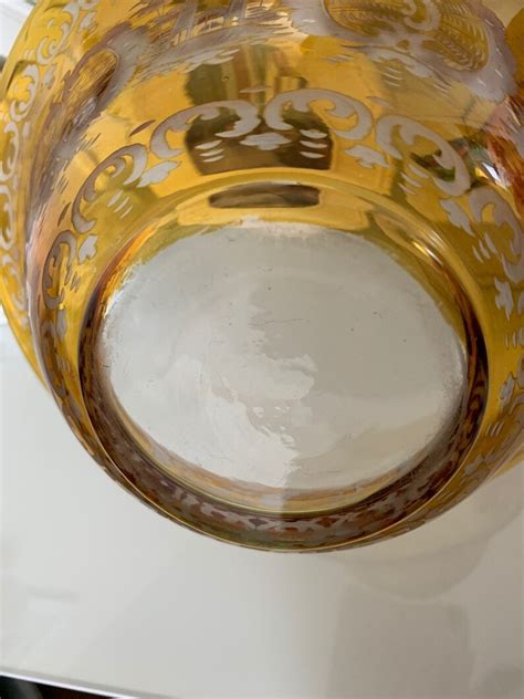 Vintage Bohemian Czech Amber Yellow Cut Etched To Clear Glass 10