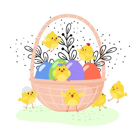 Easter Basket With Eggs And Chickens Happy Easter Concept Template