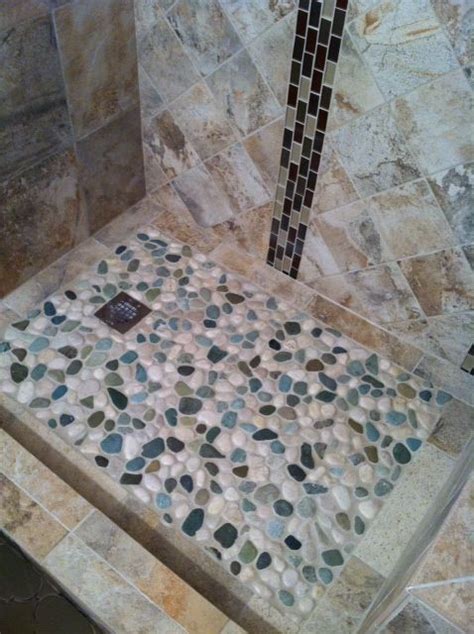 Glazed Sea Green And White Pebble Tile Shower Pan Pebble Tile