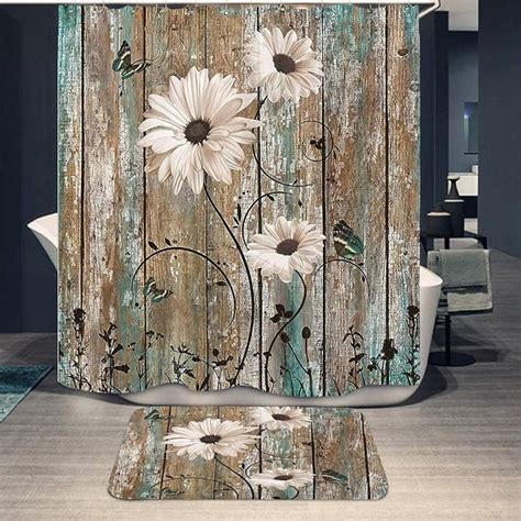 Rustic Teal Daisy Butterfly Shower Curtain And Mat Vintage Floral Brown