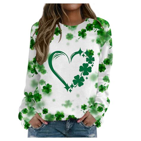 Womens St Patricks Day Shirts Long Sleeve Crewneck T Shirt Clover