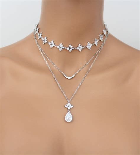 Crystal Layered Choker Bridal Necklace With Marquise Stones Layering