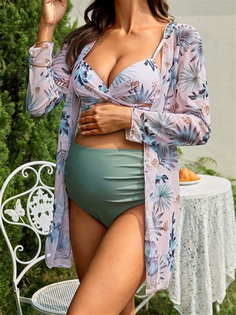 Shein Maternity Tropical Print Bikini Swimsuit With Kimono Shein Usa