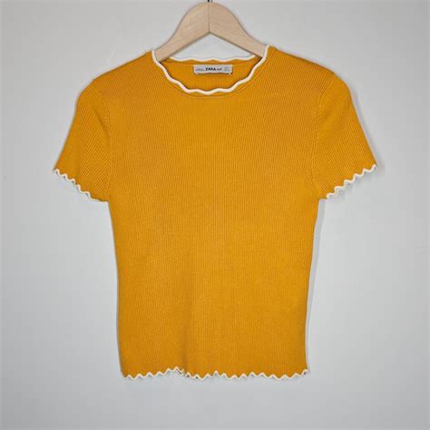 Zara Golden Yellow Ribbed Knit White Lettuce Hem Depop