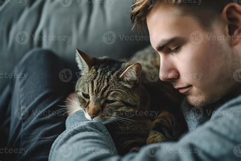 Ai Generated Young Man Sitting On A Gray Sofa Caresses The Head Of A