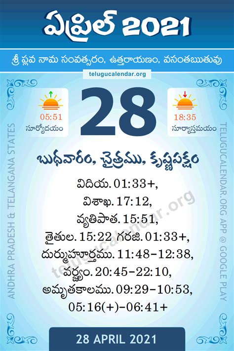 28 April 2021 Panchangam Calendar Daily in Telugu