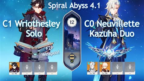 Solo C1 Wriothesley X C0 Neuvillette Duo Spiral Abyss 4 1 Floor 12