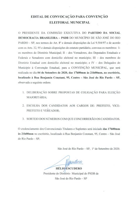 Edital de Convocação para Convenção Eleitoral Municipal PSDB Gazeta