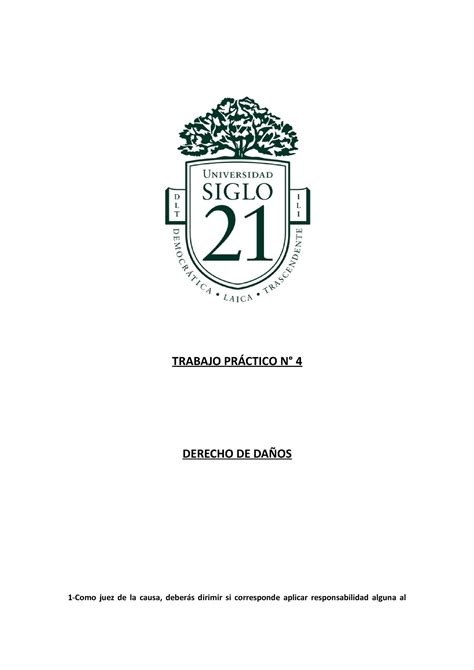 TP 4 Daños TRABAJO PRÁCTICO N 4 DERECHO DE DAÑOS 1 Como juez de la