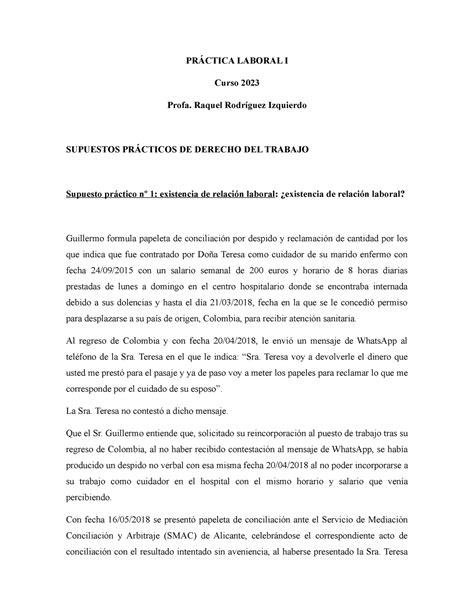 Supuesto Práctico 1 Casos Prácticos De La Asignatura Práctica Laboral