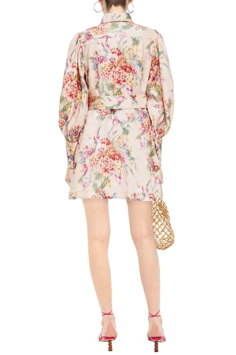 Zimmermann Wavelength Belted Floral Print Linen Mini Shirt Dress The