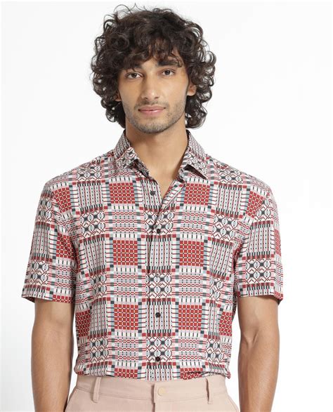 Rare Rabbit Mens Boxem Red Viscose Fabric Geometric Print Half Sleeve