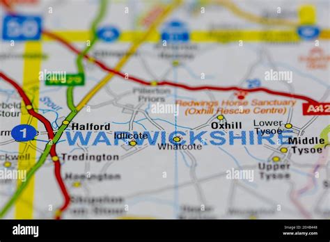 Warwickshire And Surrounding Areas Shown On A Road Map Or Geography Map