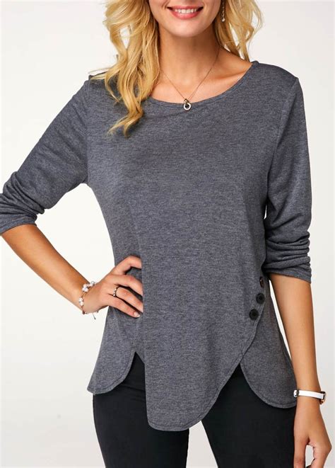 Asymmetric Hem Button Detail Round Neck Blouse Rotita USD 24