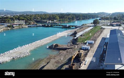 The Western submersible bridge on the Corinth Canal, Greece, next to ...