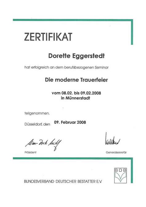 Zertifikate Unser Unternehmen Eggerstedt Bestattungen Gmbh In Pinneberg