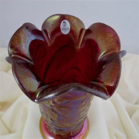 Fenton Red Peacock Garden Stretch Carnival Glass Ruffled Top Vase Ltd Ed Carnival Glass