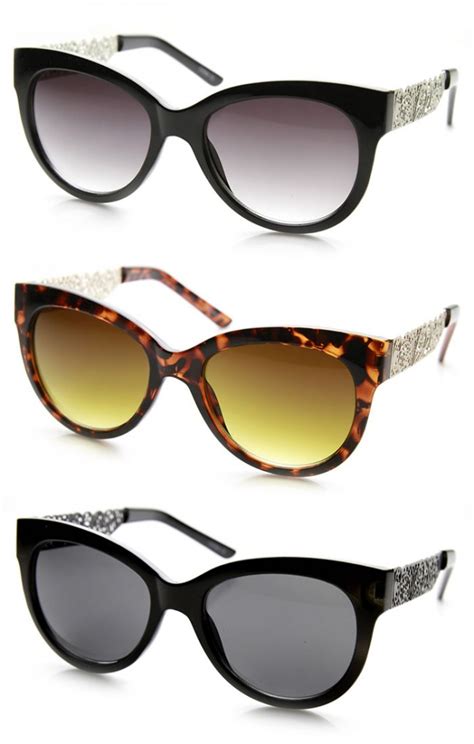 Womens Oversized Laser Cut Out Metal Temple Cateye Sunglasses