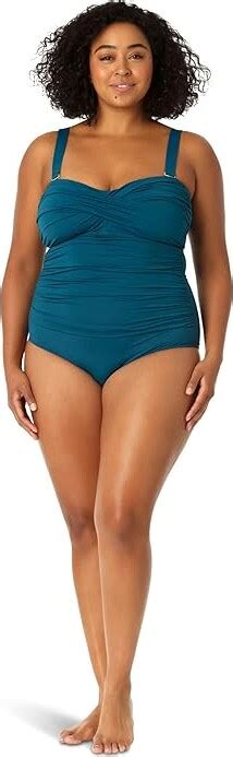 Anne Cole Plus Size Twist Front Shirred Bandeau One Piece Deep Sea Blue Womens Swimsuits One