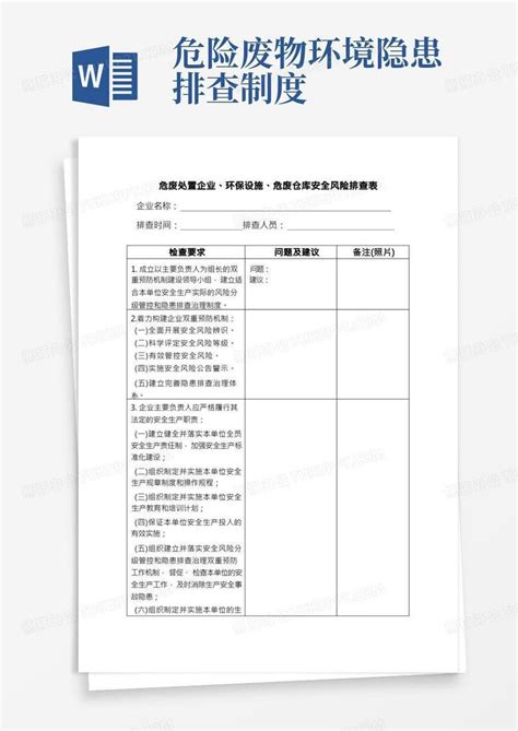 危废处置企业环保设施危废仓库安全风险排查表Word模板下载 编号lrjewwxp 熊猫办公