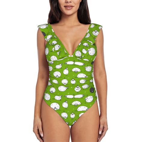 JUNZAN Ruffle One Piece Swimsuits for Women V Neck Funny Sheep Doing