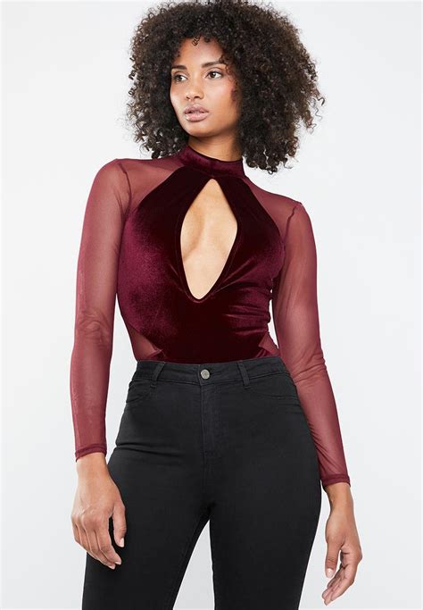 Velvet Bodysuit Lace Sleeves Burgundy Missguided Blouses