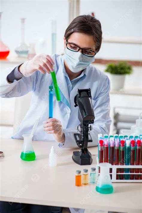 Lab Chemist Checking Beauty And Make Up Products Photo Background And