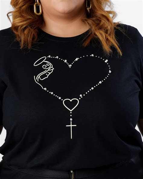 T Shirt Plus Maria Coracao Perolas Preto Atacado Tshirt Use Criativa