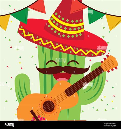 Viva Mexico Happy Cactus With Mustache And Guitar Celebrating Vector