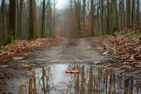 Leaf Floating In A Small Puddle On A Forest Trail Stock Photo Image