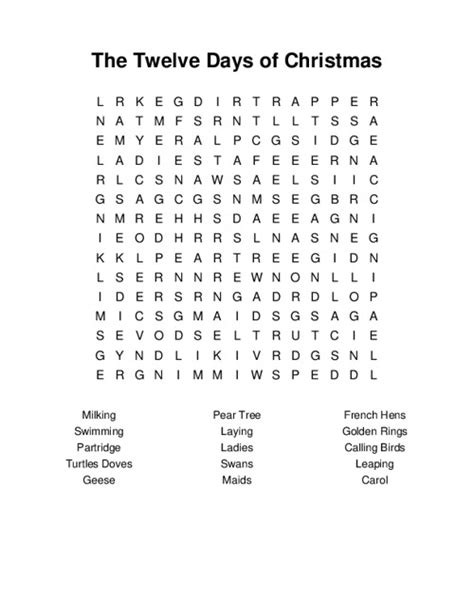 The Twelve Days Of Christmas Word Search