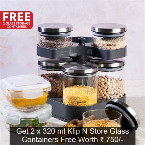 Buy Borosil Spin And Store Set Of 7 Jars W 2 Klip N Store Glass Storage Containers At Best Price