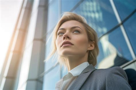 Premium Ai Image A Woman In A Suit Stands In Front Of A Window And Looks Up At The Sky