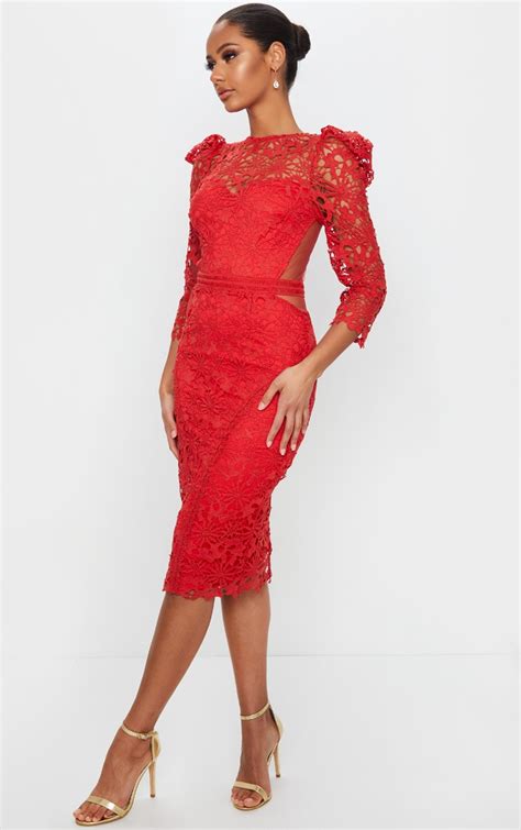 Red Lace Open Back Long Sleeve Midi Dress Prettylittlething Usa