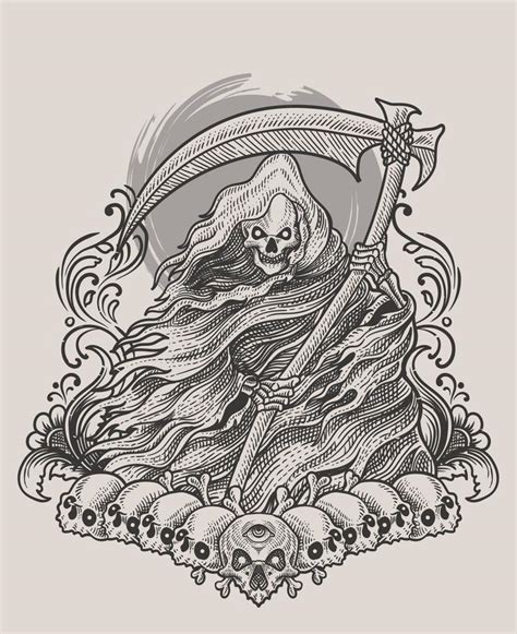 Illustration scary grim reaper with vintage engraving style 13704108 ...