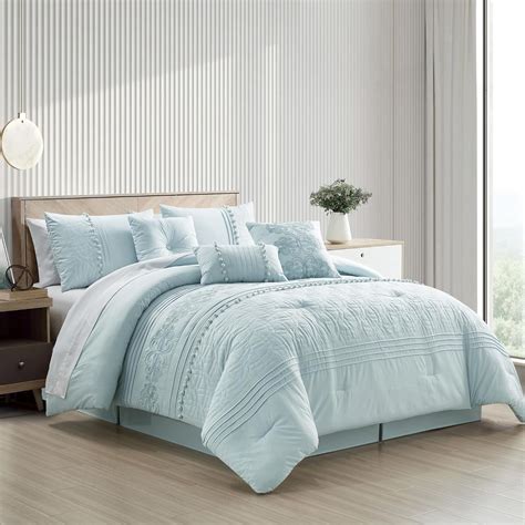 Chezmoi Collection 7 Piece Graceful Pale Blue Floral Chenille Pom Pom Embroidery Comforter Set