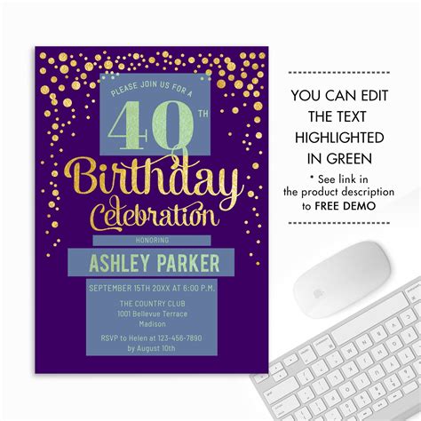 Editable 40th Birthday Invitation Instant Download Diy Etsy